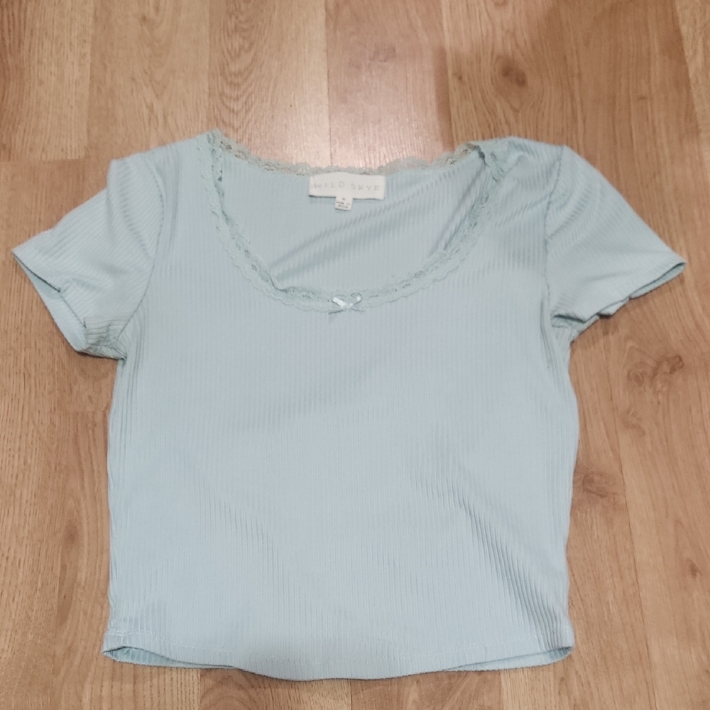 Brandy Melville Light Blue Lace Trim Tee